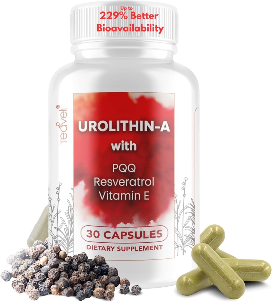 Advanced Urolithin A (15 Pelayan) & Stem Cell Suplemen dengan 500mg Urolithin A, Resveratrol, PQQ, Vitamin E & Bioperin - Pasokan NAD +, Mitokondria, Muscle Health, Sehat Sel & Energi