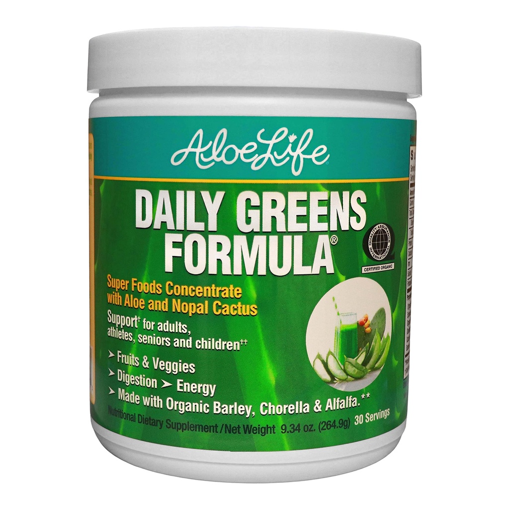 Aloe Life - Dayday Greens Powder, QAI- Certified Organic Health Supplement, Antioksidants, 21 Fruit, Vegies, & Herbs Including Aloe & Nopal Cactus, Low-Calorie, Keto- Friendly, Gluten- Free (30 Pelayan)