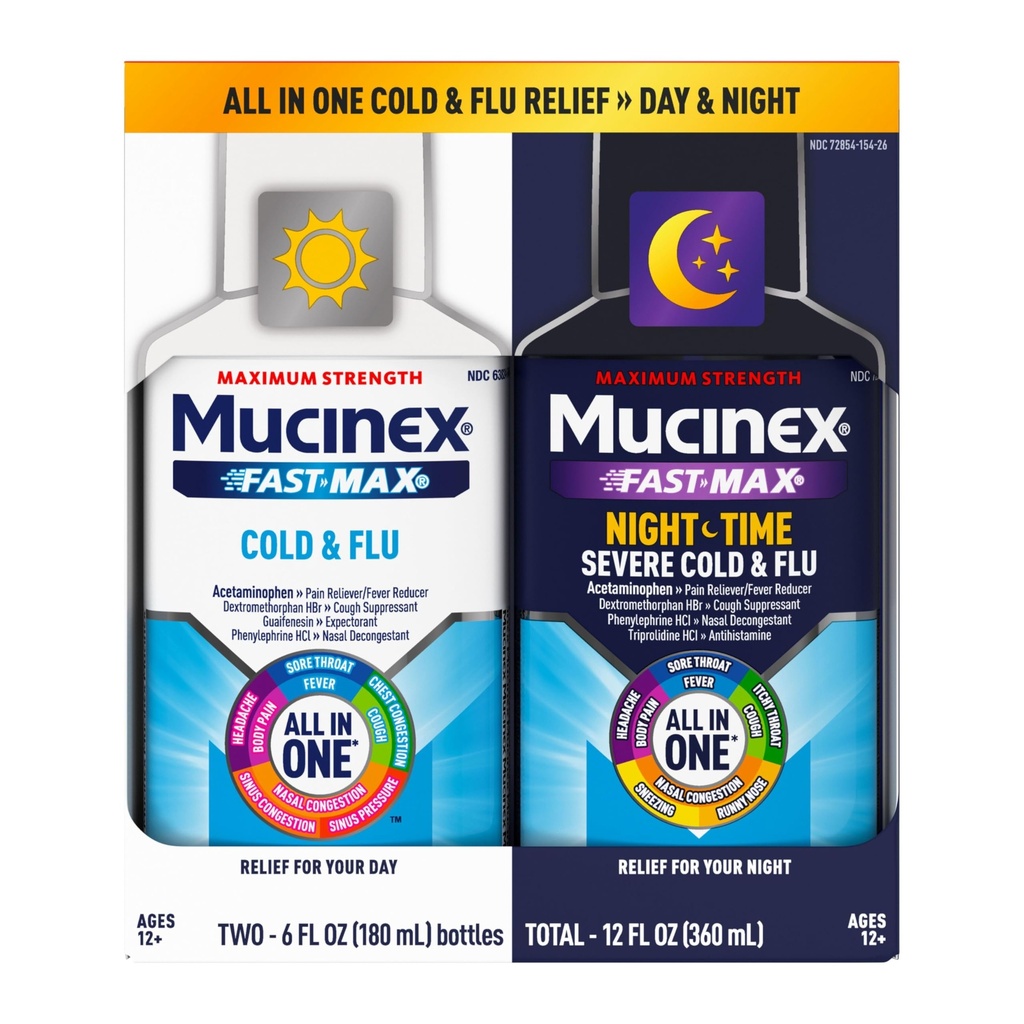 Mucinex Fast- Max Cold and Flu & Nightshift Medicine for Dewasa, Over- The- Counter Medication Combo for Sore Throat Relief, Decongestant, Cough & Cold Medicine (2 x 6 Fl Oz)