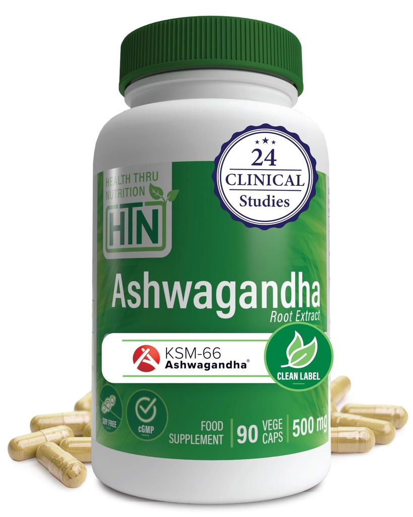 Health Thru Nutrition Ashwagandha 500mg KSM = 66 Capsules, 124; Stress, Mood, Focus, & Energy 124; Cllinically Proven and Organic Root- Hanya Whitania Somnifera Extract 124; Nor-GMO, Gluten & Soy Free