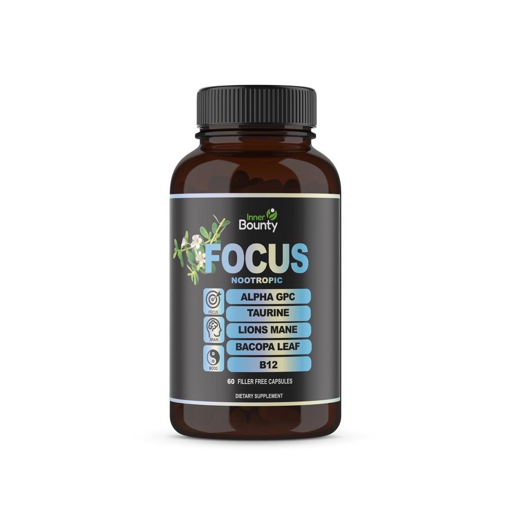 Fokus 14 in- 1 Nootropic Suplemen Otak dengan Limons Mane, Alpha GPC Choline, Vitamin C & B12, Taurine, Bacopa - Energi, Kognitive, Dukungan Memori, 60 Filler Free Capsules
