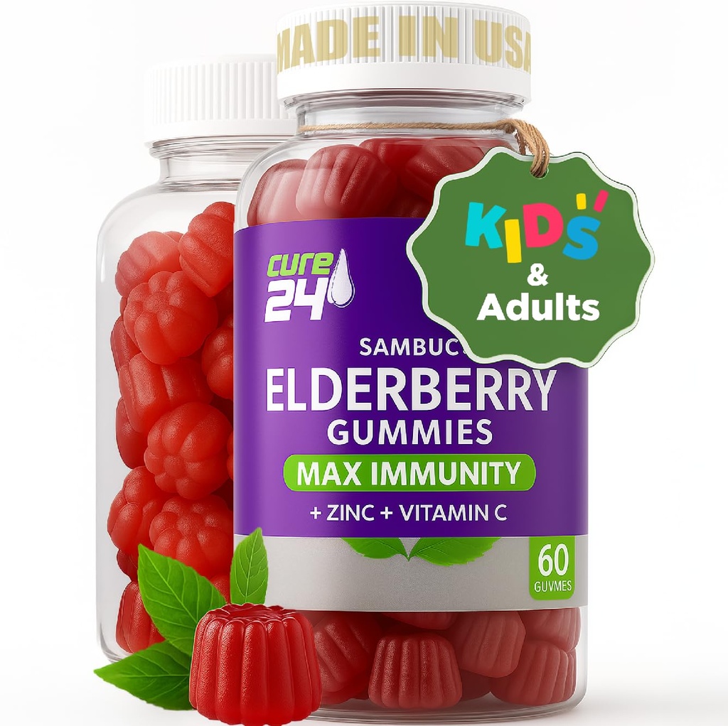 Sambucus Elderberry Gummies + Vitamin C + Zinc untuk Anak-anak & Dewasa, X3 Dukungan Ammune, Flavors Alam + Ingredians, Vegan, Non-GMO, Dibuat di USA (60)