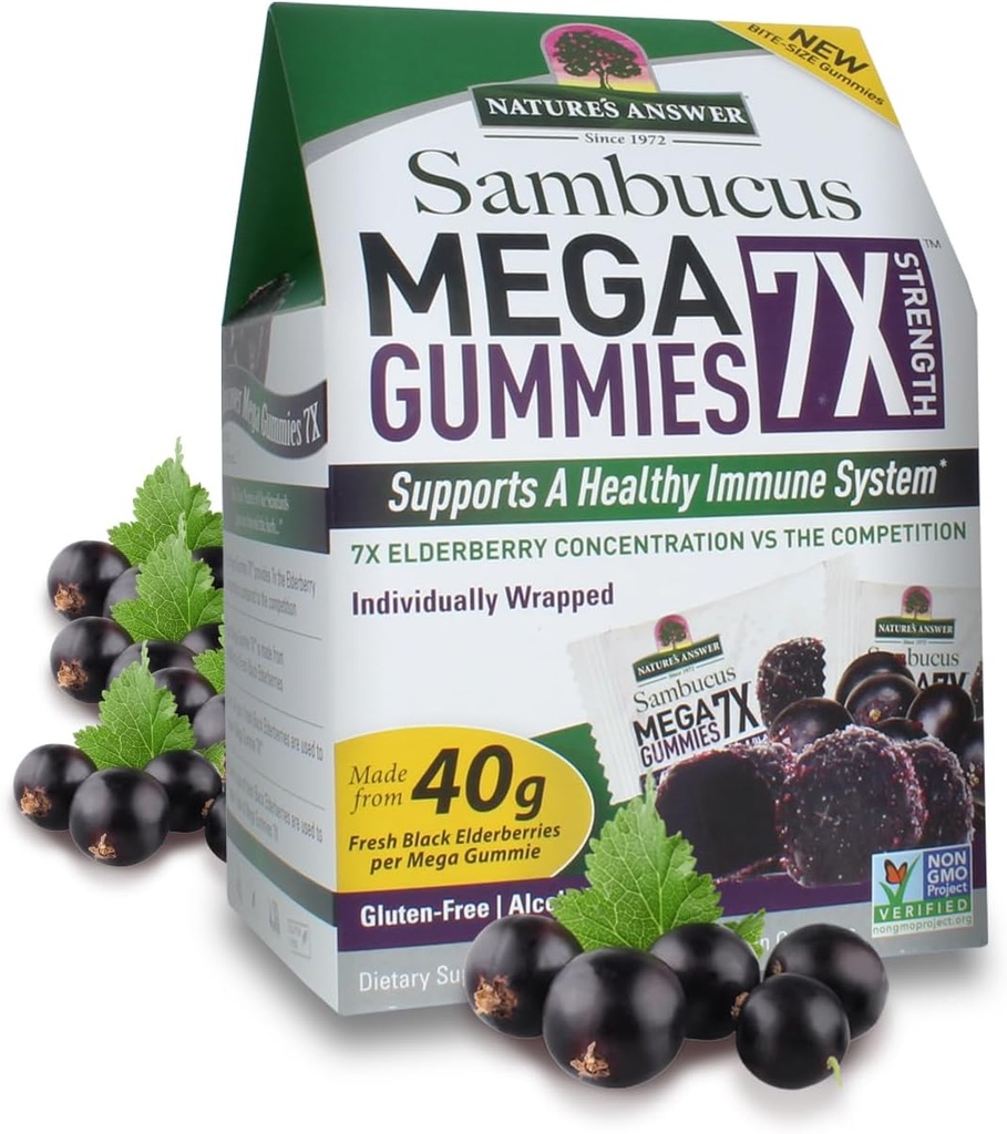 Jawab Alam Sambucus Mega Gummies 124; 7X Lebih Konsentrasi Elderberry 124; Alcohol-Free, Gluten-Free, Glatin- Free, Vegan, Non- GMO & No Preservations 124; 30ct Gummies (Paket 2)