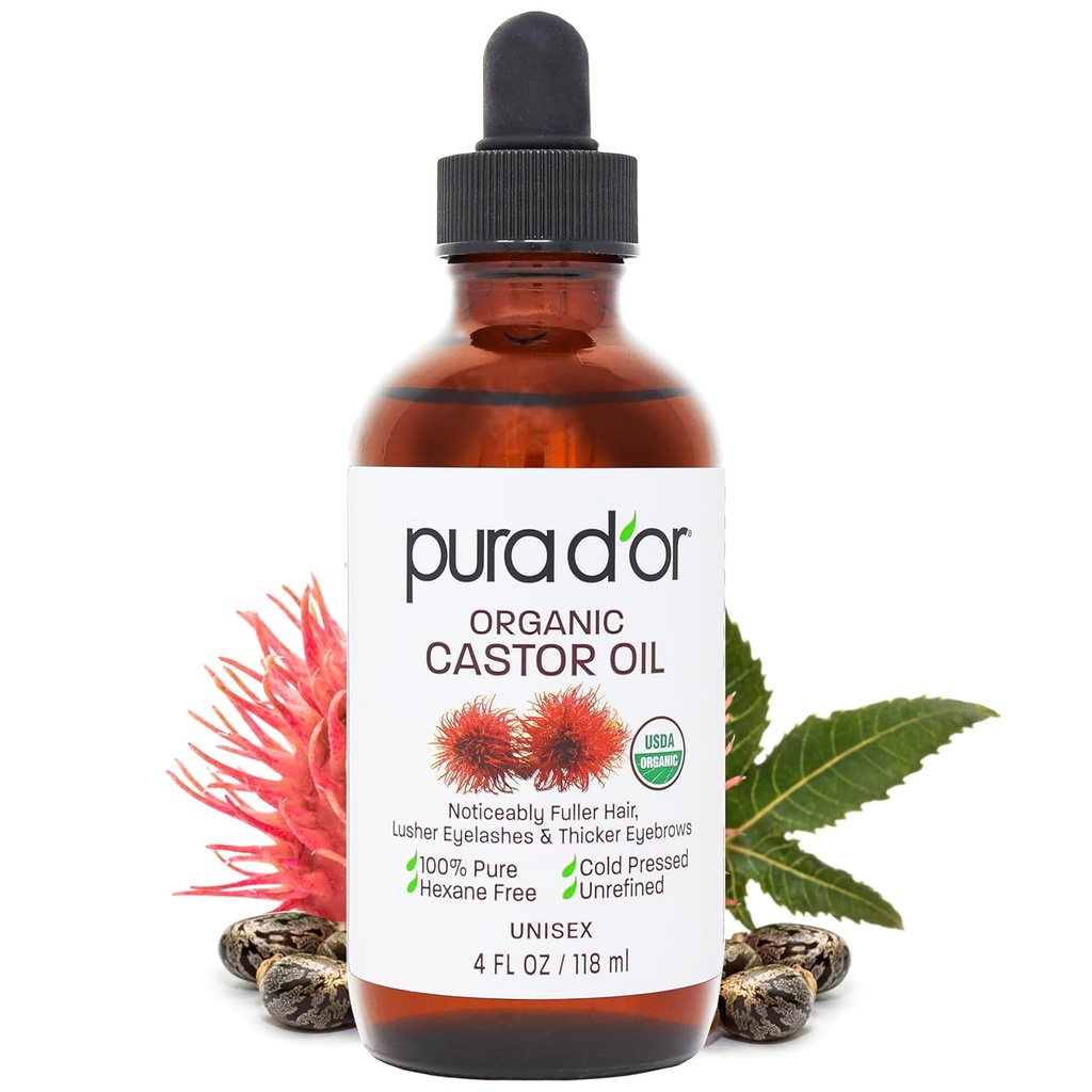 PURA D 'OR 4 Oz ORGANIC Castor Oil - 100% Murni USDA Menegang Dingin, Hexane Free Eyelash & Eyebrow Serum - Untuk Fuller, Tebal Lashes & Brows - Skin & Hair
