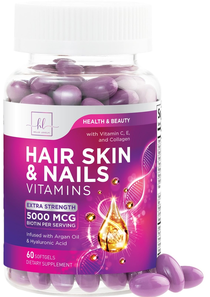 Rambut, Skin & Nails Vitamin untuk Perempuan - Biotin 5000mcg untuk Mendukung Perkembangan Rambut dengan Minyak Argan, Collagen & Acid, Indah, Skin Lebih Kuat, Rambut & Nails Vitamin Tambahan - 60 Softgels