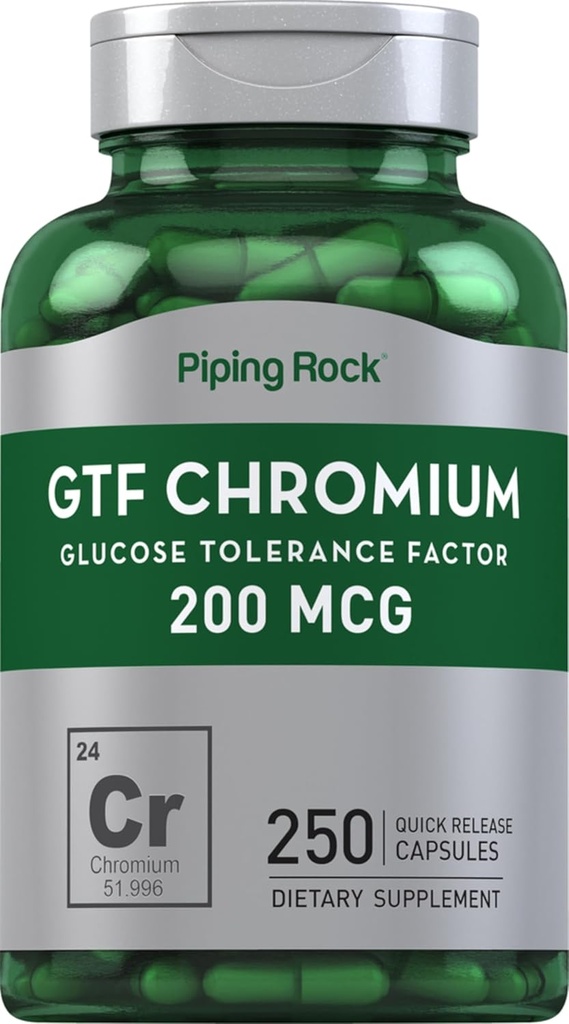 Piping Rock GTF Chromium 200 mcg 124; 250 Capsules = 124; GlPl Tolerance Factor Supplement = = Non- GMO & Gluten Free
