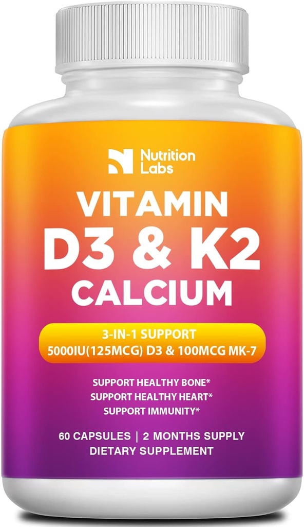 Vitamin D3 K2 5000 IU Suplemen dengan Kalsium, Multivitamin Supports Ammune Health, Stronge Bones, Fungsi Gigi & Heart dengan Bioperine Black Pepper Extract 60 Count (Paket 1)