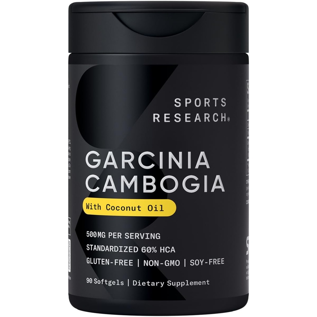 Sports Research Garcinia Cambogia Extract (60% HCA) dengan Ekstra Virgin Organic Coconut Oil 124; Non-GMO, Soy & Gluten Free (90 Liquid Softgels)