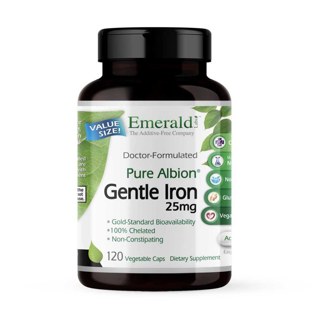 Emerald Labs Gentle Iron 25mg - Ferrous Bisglycinate Chelate - Adlated Iron Suplement That Support Energy, Eye, Immune & Heart Health - 120 Vegetable Kapsul (120 Hari Supply)