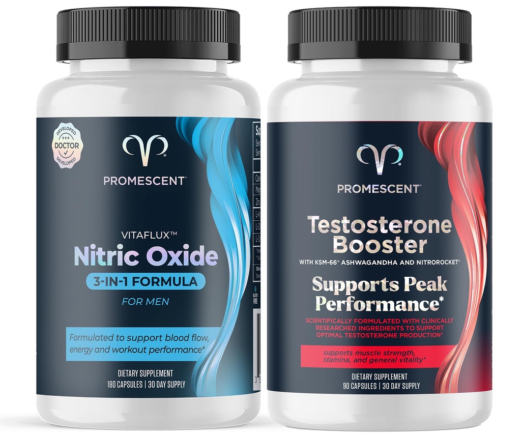 Promescent VitaFLUX Nitric Oxide Suplement, L Arginine l Quality Citrulline Suplemen untuk Pria + Testosteron Booster untuk Suplemen Pria w / Tongkat Ali (LongJack), KSM-66 Ashwagandha