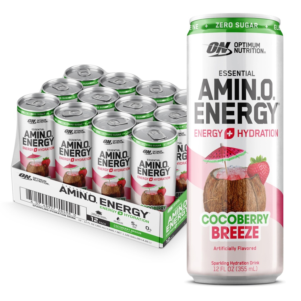 Optimum Nutrition Amino Energy Sparkling Hydration Drink, Electrolytes, Caffeine, Acids Acids, BCAAs, Sugar Free, Cocoberry Breeze, 12 Fl Oz, 12 Paket (Packaging May Vary)