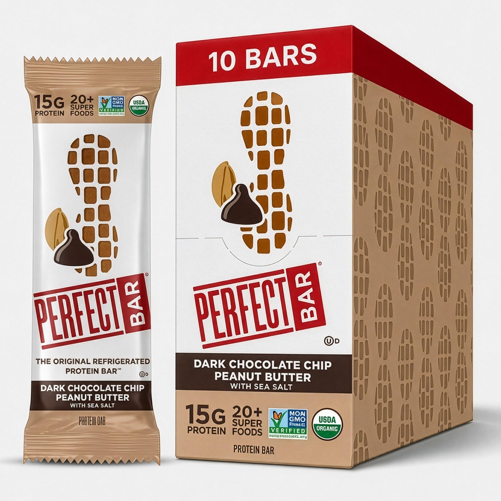 Bar Perfect, Dark Chocolate Chip Peanut Butter Protein, Protein Tinggi, Organik, Gluten Free, Soy Free, Non GMO, No Sugar Alcohols, 2.3 Ounce Bar, 10 Count