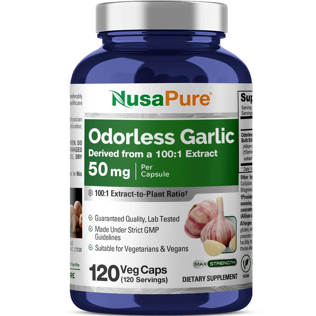 Bawang putih NusaPure Odorless 100: 1 Ekstrak, 50 mg Equivalen ke 5000mg Capsule 124; 120 Veggie Caps 124; Tinggi Potensi 124; Herbal Tambahan 12.4; Non-GMO
