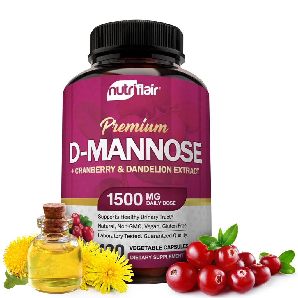NutriFlair D-Mannose 1200 mg, 120 Capsules - dengan Ekstrak Cranberry dan Dandelion - Natural Track Kesehatan UTI Alami - Best D Mannose Powder