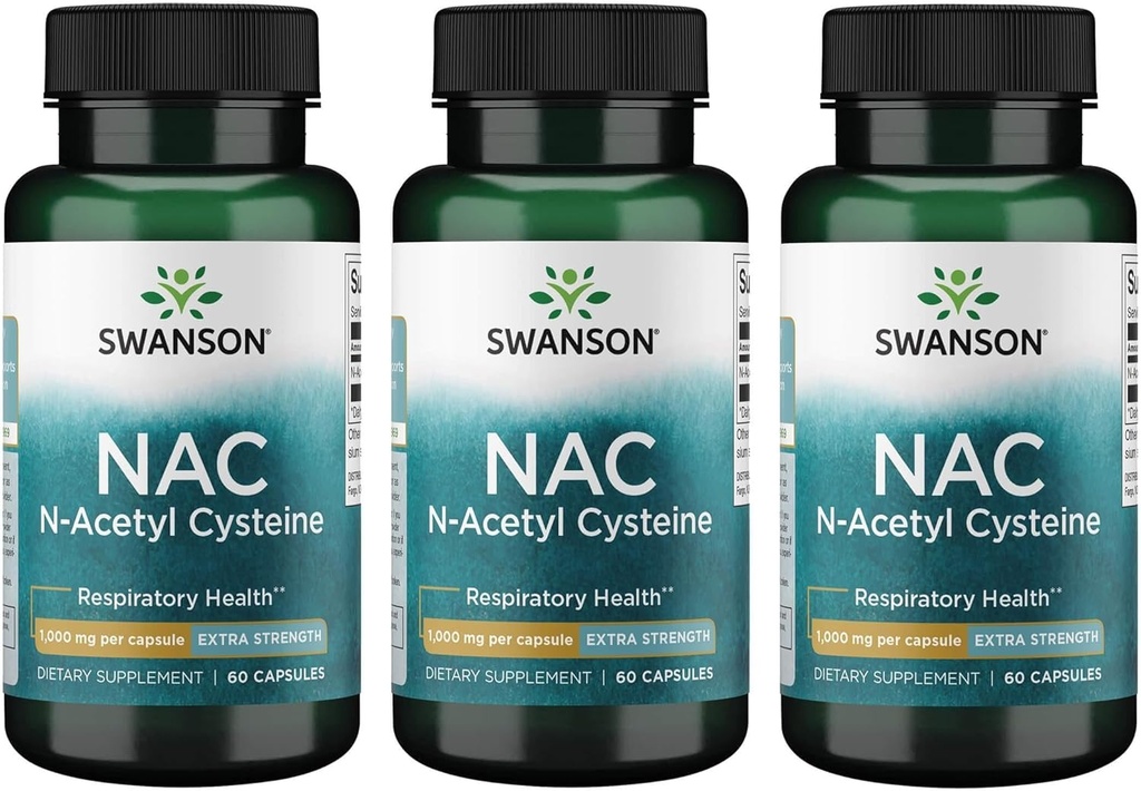 Swanson NAC N-Acetyl Cysteine - Antioksidant Anti- Aging Respirate Liver Dukungan - Acid Acid Suplemen 1000 mg 60 Capsules (3 Pack)