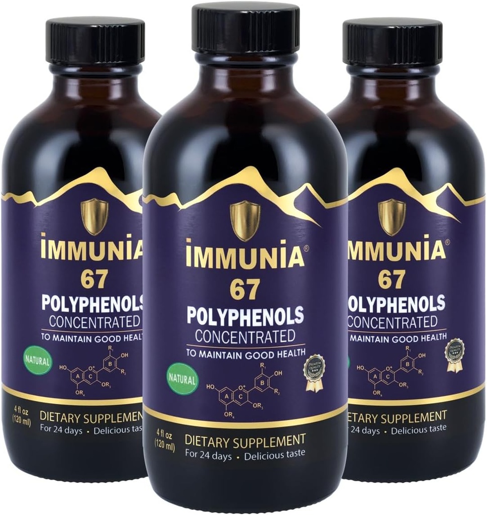Immunia 67 Polyphenol - Elderberry Konsentrasi & Antioksidant Buah. Suplemen antioksidan premium dengan 67 Polyphenol (Anthocanin, Quercetin, Reveratrol, dll) Persediaan 24 hari per Botol (3- Pack)