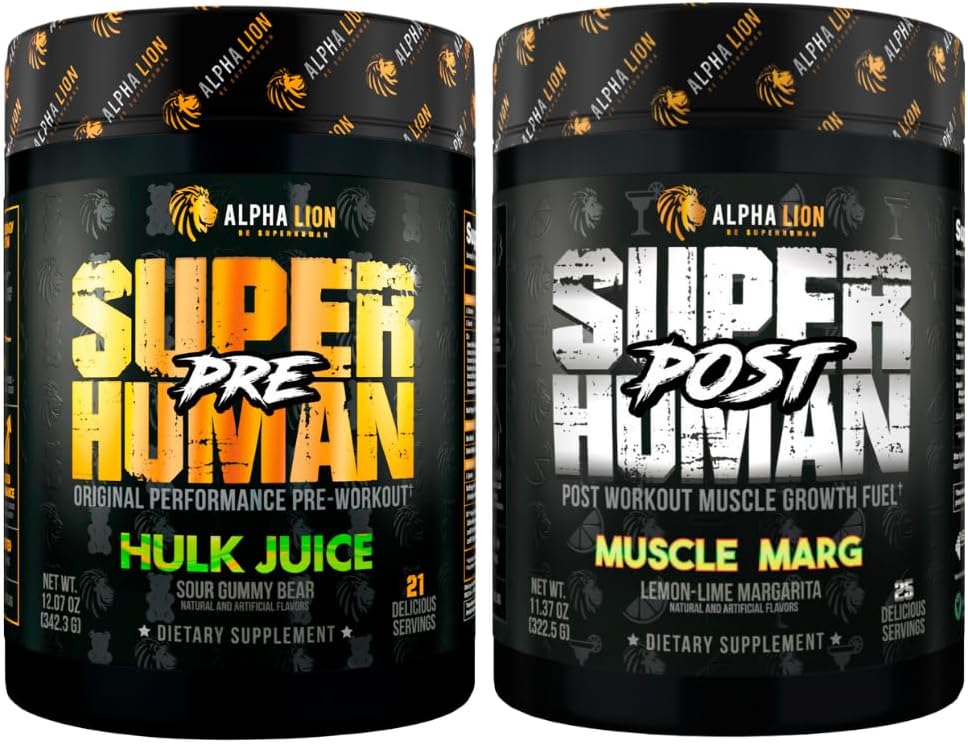 ALPHA LION Superhuman Pre Workout Powder & Post Workout Bundle, Substained Energy & Focus + Lean Muscle Growth, Power & Volume (Hulk Juice & Muscle Marg