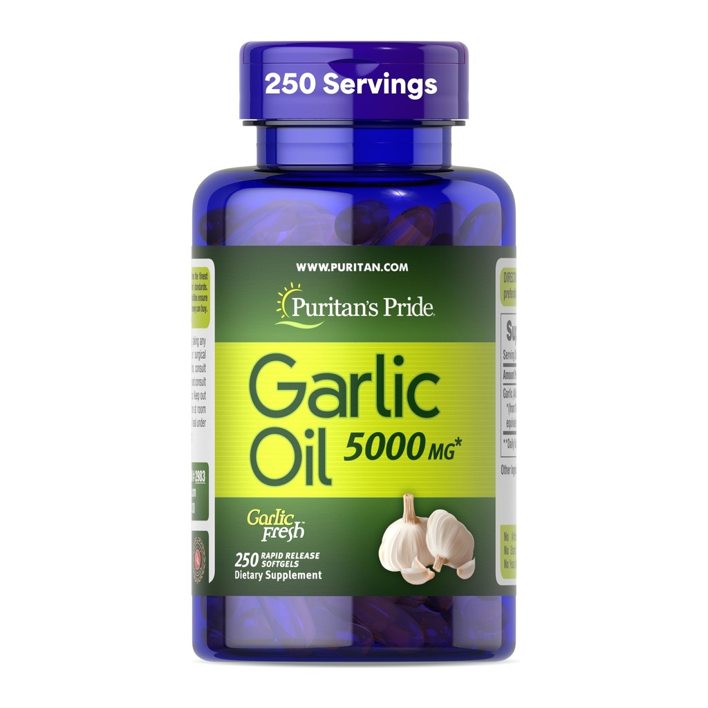Puritan 's Pride Premium Bawang Putih Segar 5000mg, Tradisional Dietary Suplement for Heart Health and Circulation Dupport with Antioxidant Properties, 250 Rapid Lease Softgels