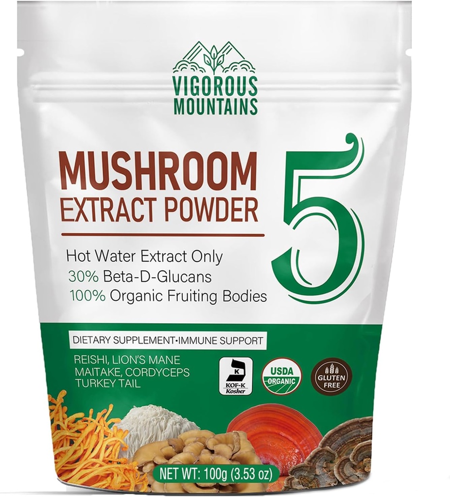 Pendukung Powder Organik Mountains - USDA Certifikasi, Lions Mane & Reishi untuk Dukungan Imune, Brain Focus, Vegan, Mixes Instant in Coffee & Smoothies (100g)
