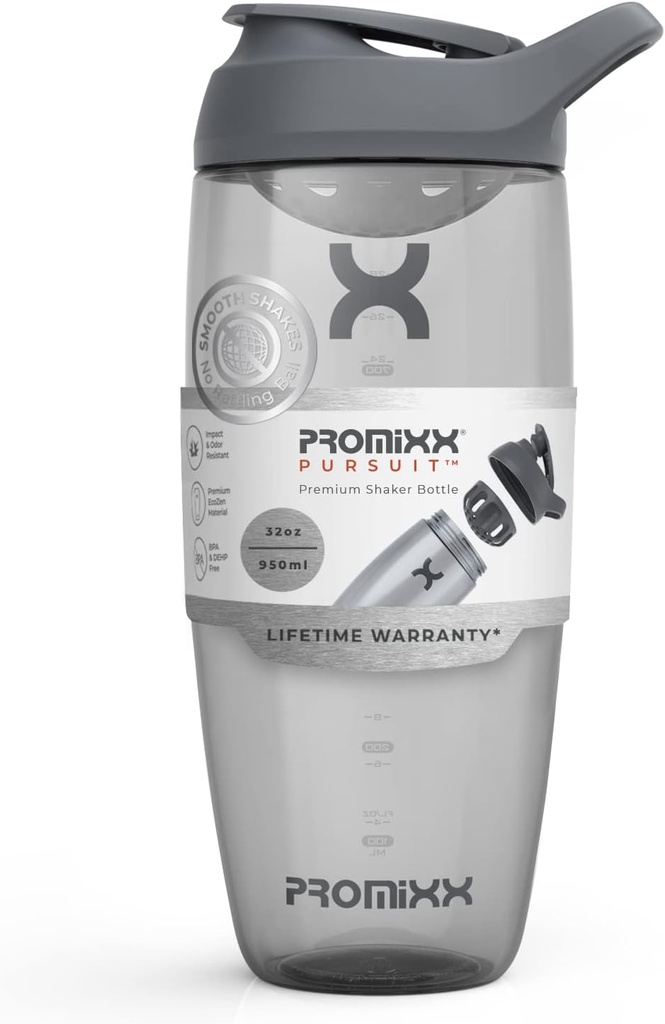 Prox Pursuit Protein Shain Shaker Bottle (32 oz) - Silent No-Ball Mixer, Leak- Providence Lid, BPA / BPS & Phthalate- Free ECOZEN - Easy- Clean Shaker Cup for Protein Shakes, Pre & Postout Smoothies