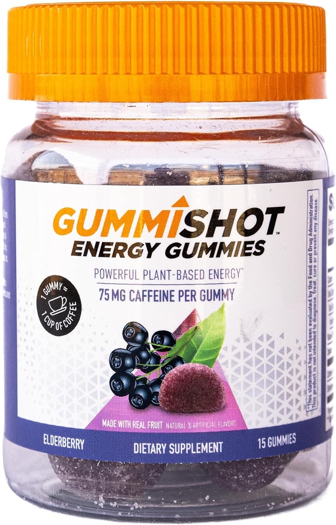 GummiShot Energi Gummies, 1125 mg Tanaman-Based Caffeine Chews per Bottle, Long Lasting Energy Boosters, Elderberry (15ct)