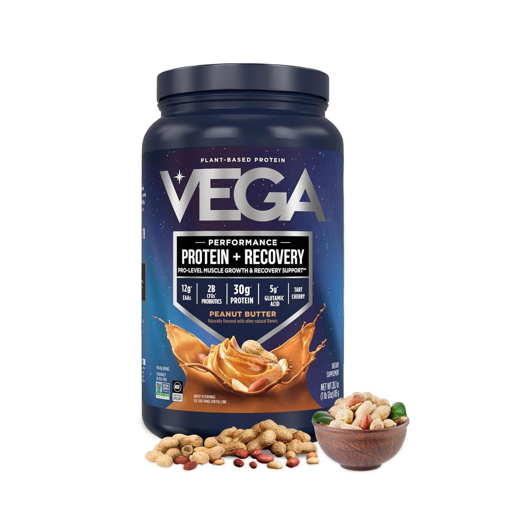 Vega Vegan Protein Powder + Recovery - 30g Plant Based Protein per Serving, Peanut Butter, 19 Servings, 5g BCAAs, Progories, NSF Certifikasi, Untuk Shakes & Smoothies, 1.8lbs (Packaging May Vary)
