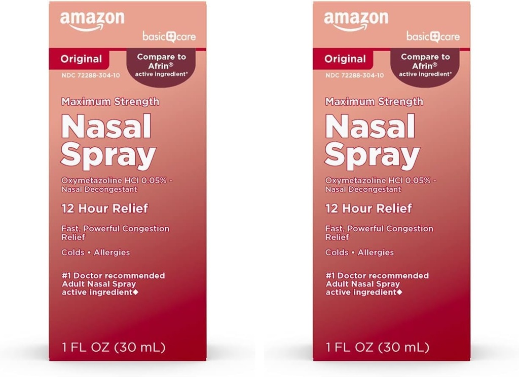 Amal Care Maximum Kekuatan 12 Hour Nasal Spray, Oxymeozoline HCI Solusi, Pelepasan Bisu, Obat Alergi Dingin, Decongestant, 1 Fl Oz (Paket 2)
