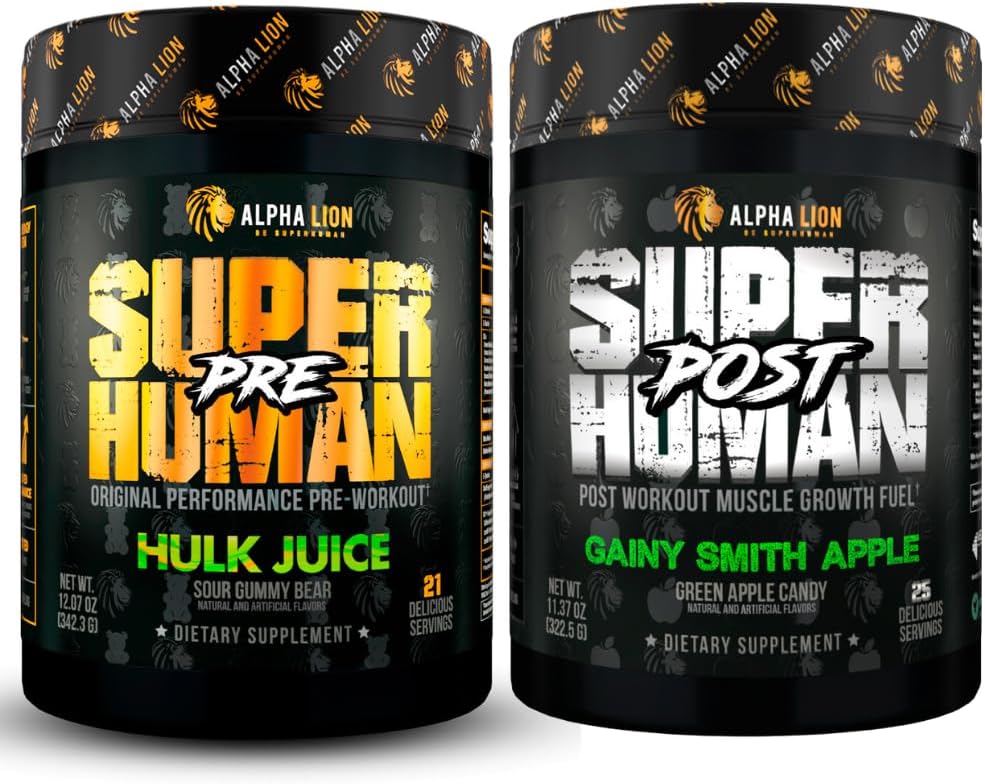 ALPHA LION Superhuman Pre Workout Powder & Post Workout Bundle, Substained Energy & Focus + Lean Muscle Growth, Power & Volume (Hulk Juice & Gaery Smith Apple)