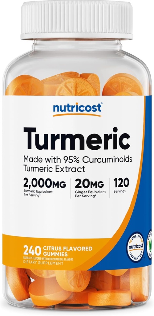 Nutricost Turmeric Gummies (240 Gummies) - Citrus Flavored, dibuat dengan 95% Curcuminoid, 120 Pelayan, termasuk Ginger dan Black Pepper Extract, Vegetarian, Non- GMO dan Gluten Free