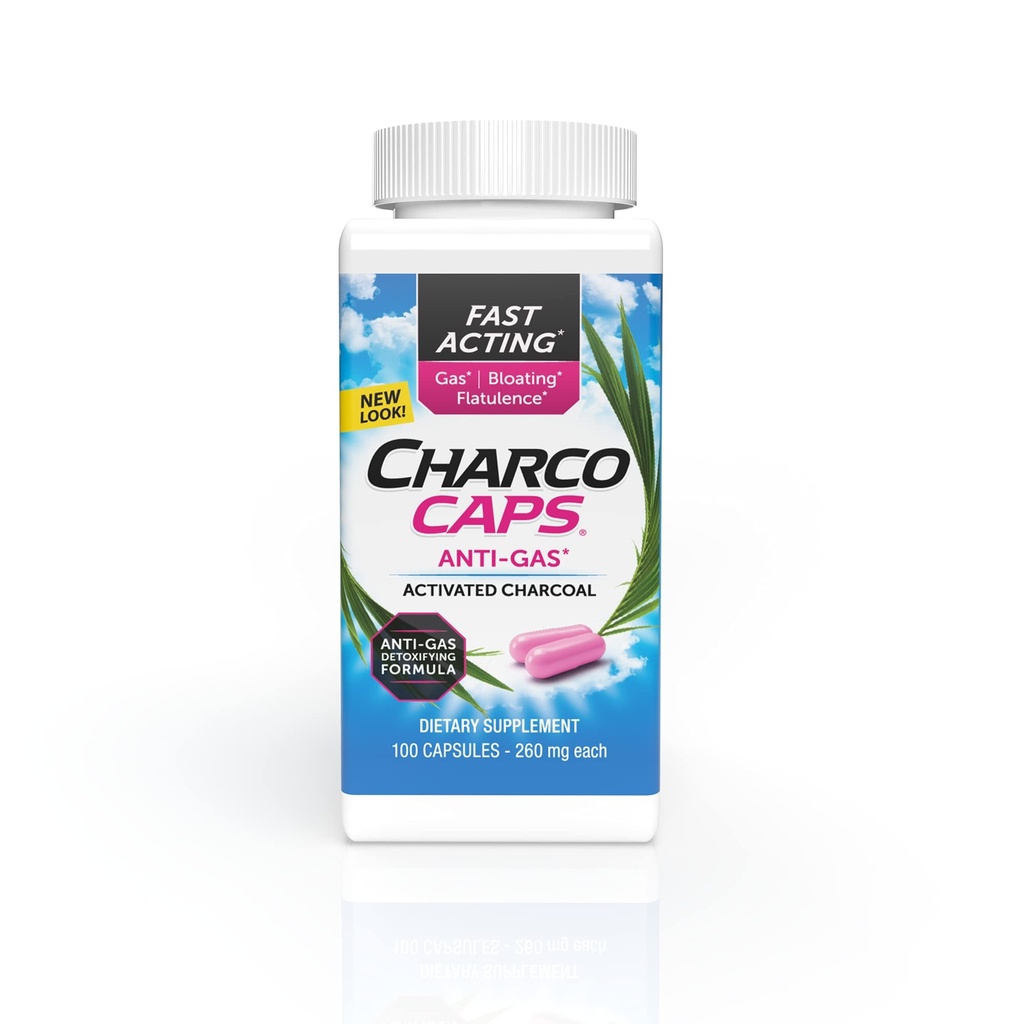 Charcocaps Fast Acting Gas Relief for Bloating & Flatulence, Drug Free Detoxifying Activated Arang Formula, 100 Capsules, 30 Day Suply, Pink