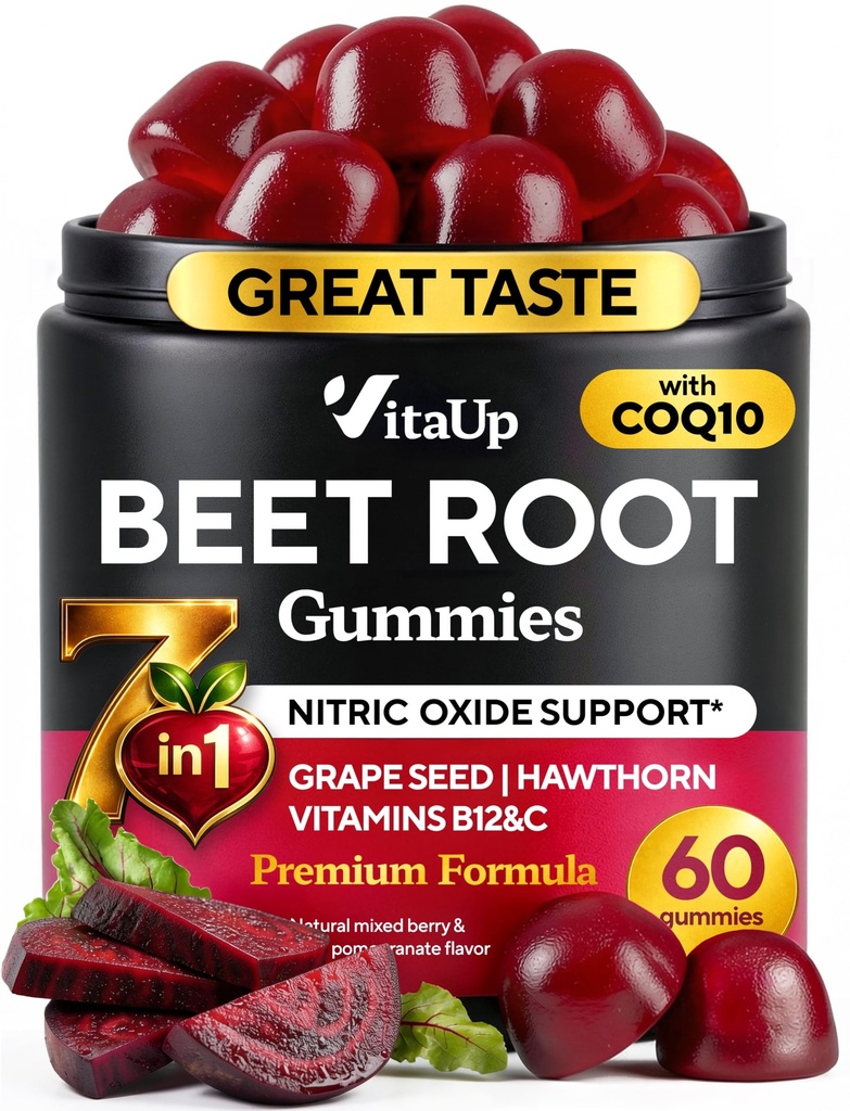 Beet Root Gummies - Beet Gummies - Red Beets Suplemen dengan Beetroot, Grape Benih, Coq10, Vitamin C & B12 - 60 Padang Bir Chews