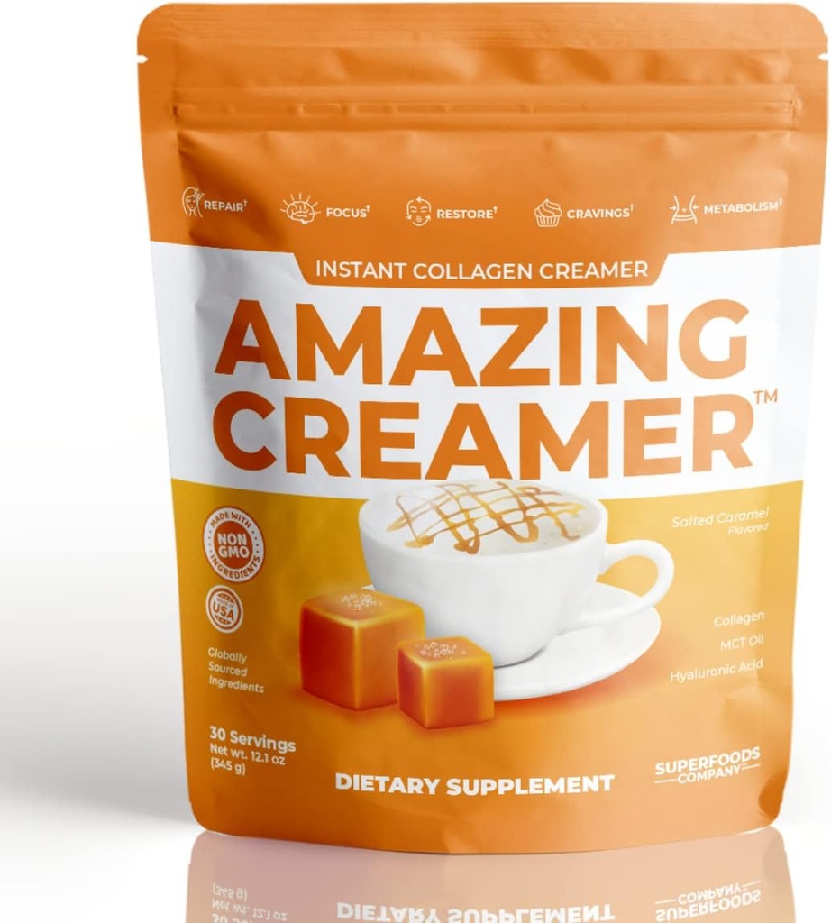 Perusahaan Superfood Amazing Creamer dengan Collagen - Keto Creamer- Hyaluronic Acid & MCT Oil - Brain Boost & Curbs Crauges - Dupport Heally Skin & Hair - Diet- Friendly [30 Pelayan] [Salted Caramel]