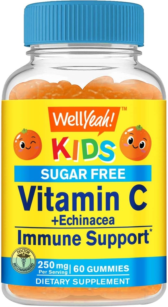 WellYeah Echinacea (5 mg) dengan Vitamin C (250 mg) Sugar Free Gummies untuk Anak-Anak; Animacuune Suppppplemen Aider 124; Orange Flavor 124; 60 Count