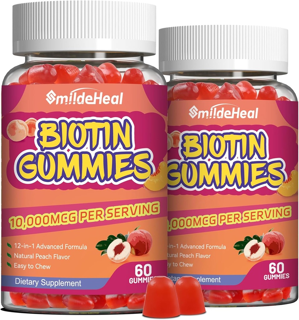 2 Pack Biotin Gummies for Hair Growth 10000 mcg, Hair Skin and Nails Gummy with Folic Acid, Vitamin A, B, C, E & D, Vegan biotin Vitamin for Women & Men, 120 Gummies