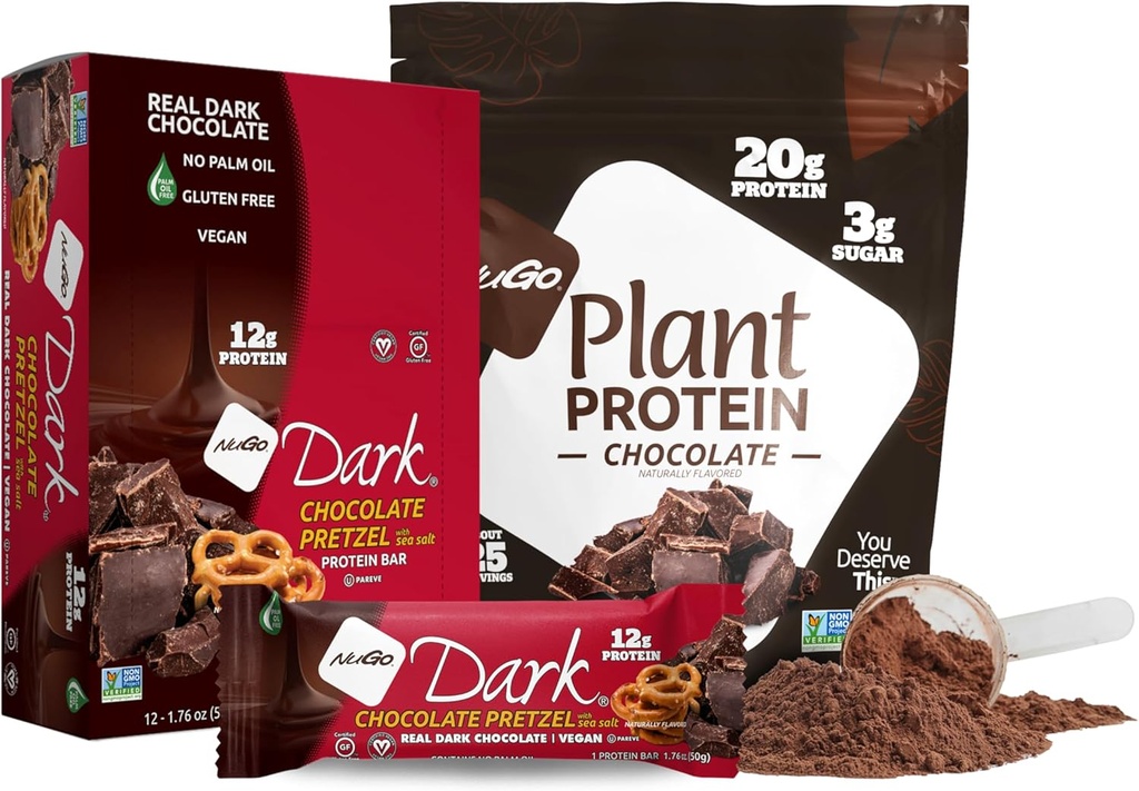 NuGo Dark Chocolate Pretzel w / SS, 12g Vegan Protein, Gluten Free, Kosher Pareve, Non-GMO, 12 Count dan NuGo Plan Powder, Chocolate, 20g Protein, 3g Sugar, 25 Servings