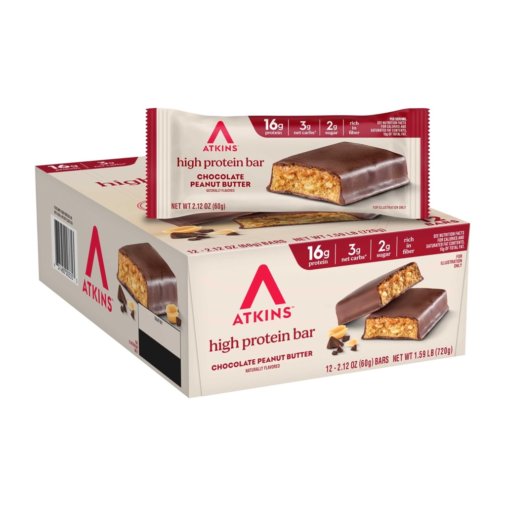 Atkins Chocolate Peanut Butter Protein Bar, High Fiber, 16g Protein, Low Sugar, 3g Net Carb, Low Carb, Keto Friendly, 12 Count