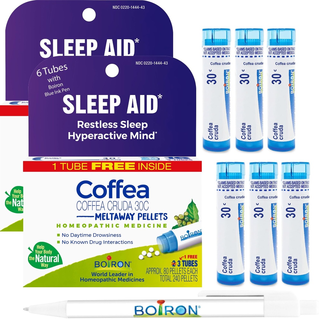 Boiron Coffea Cruda 30C - 6 Total Blue Tubes - Homeopatic Sleep Aid for Restless Sleep, Mental Hyperactivity, Racing Thoughts, dan sulit tidur dengan Blue Ink Pen