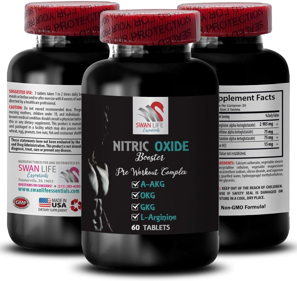 A-AKG - NITRIC OXIDE BOOSTER - nitrat suplemen oksida untuk laki-laki, energi olahraga, tenaga pompa, formula fitness, daya tahan formula, fokus kinerja, campuran energi, daya meningkatkan 1 Botol 60 tablet