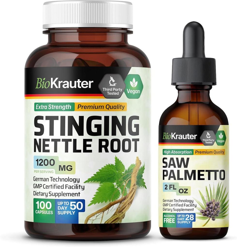 BIO KRAUTER Stinging Nettle 100 Capsules & Saw Palmetto Tincture 2 Fl Oz.
