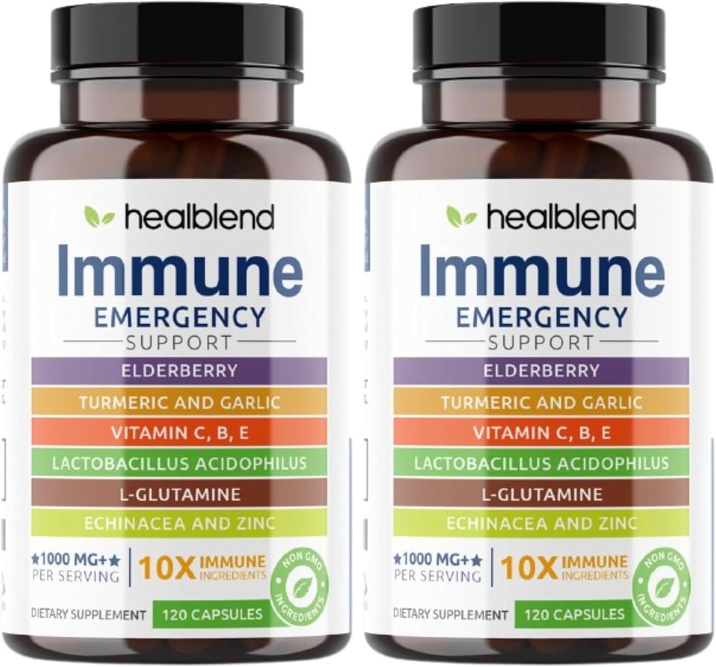 Perpaduan 10 dalam 1 Imune Supplemen Booster dengan Elderberry, Zinc, Echinacea, Turmeric, Laciillus Acivoillus, untuk Dewasa (2 Pack)
