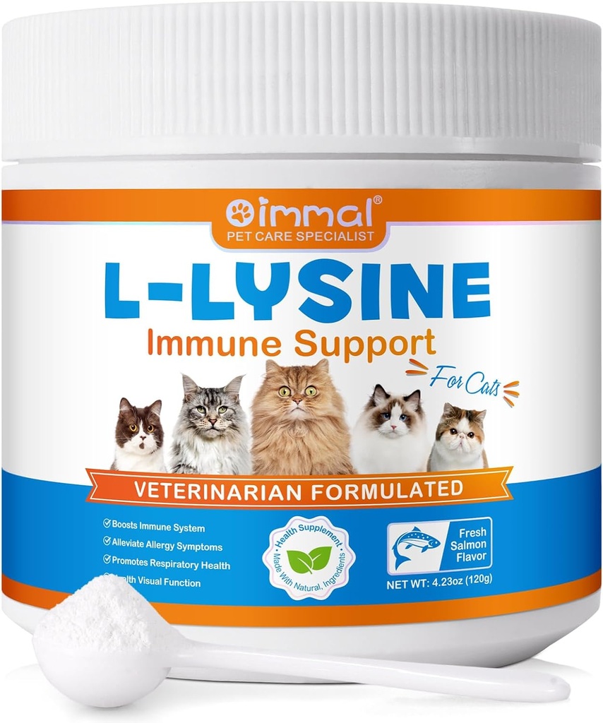 L-Lysine Powder for Cats, Lysine Supplemen untuk Kucing, Dukung Sistem Imune, Respiratory Health, Fungsi & Visual dan Bantuan Allergy, Pets Health Supplitales Multivitamin, Salmon Flavor - 4.23 oz / 120g