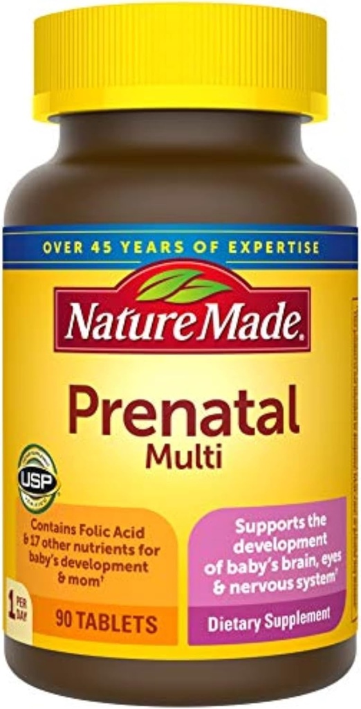 Nature Made Prenatal Multi, 90 Tablet, Folic Acid + 17 Vitamin & Minemals to Dukung Pengembangan Bayi dan Ibu, Vitamin D3, Kalsium, Besi, Idesin C, dan Lebih (Paket 3)