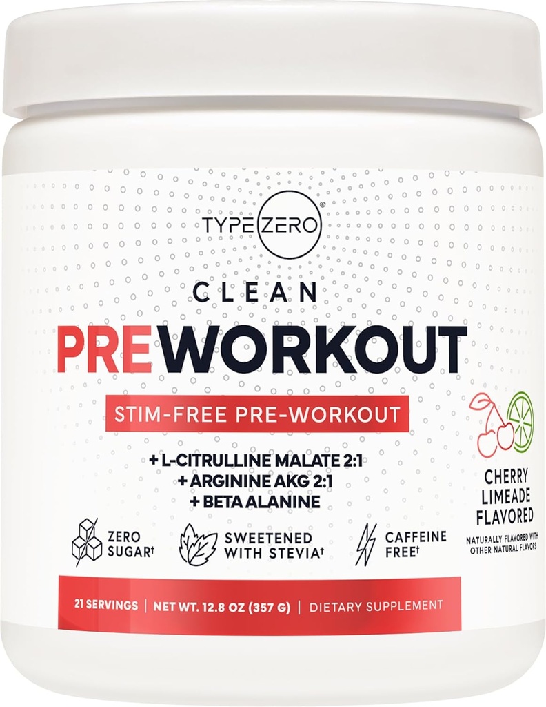Tipe Zero Ultra Clean Stim Free Pump Pra Workout + Nitric Oxide Booster (Cherry Limeade) - Non Stimulating dan Caffeine- Bebas untuk Pria & Perempuan