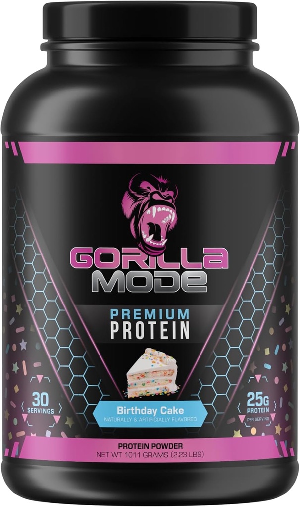 Gorilla Mind Primium Whey Protein - Kue Ulang Tahun, 25 Grams of Whey Protein Isolasi & Konsentrasikan, Recover dan Bangun Muscle (30 Pelayan)