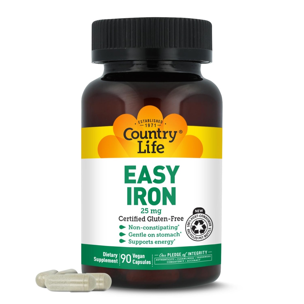 Country Life Easy Iron 25mg Capsules - Gentle None-Constipating Ferrochel - Vegan Vitamin Suplemen Perempuan & Pria - Mendukung Energi Tubuh