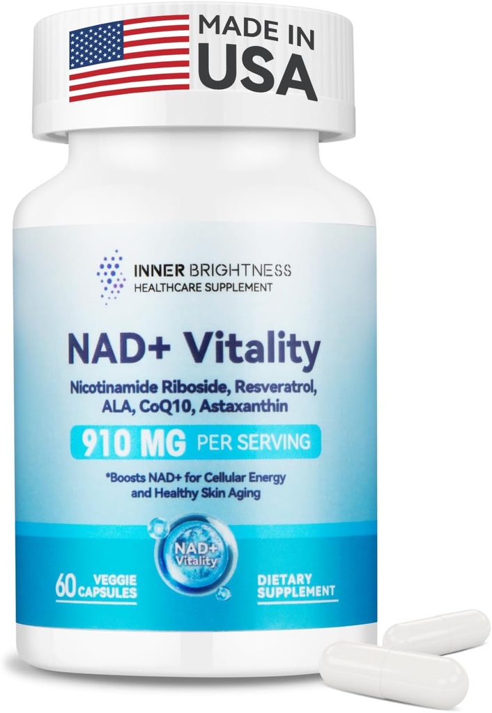 NAD + Suplemen untuk Perempuan, dengan 900MG Nicotinamide Riboside (NR), Resveratrol, CoQ10, Alfa-Lipoic Acid, Astaxanthin - Mendukung Energi Cellular & Refide, Penuaan Sehat - 60 Vegetarian Capsules