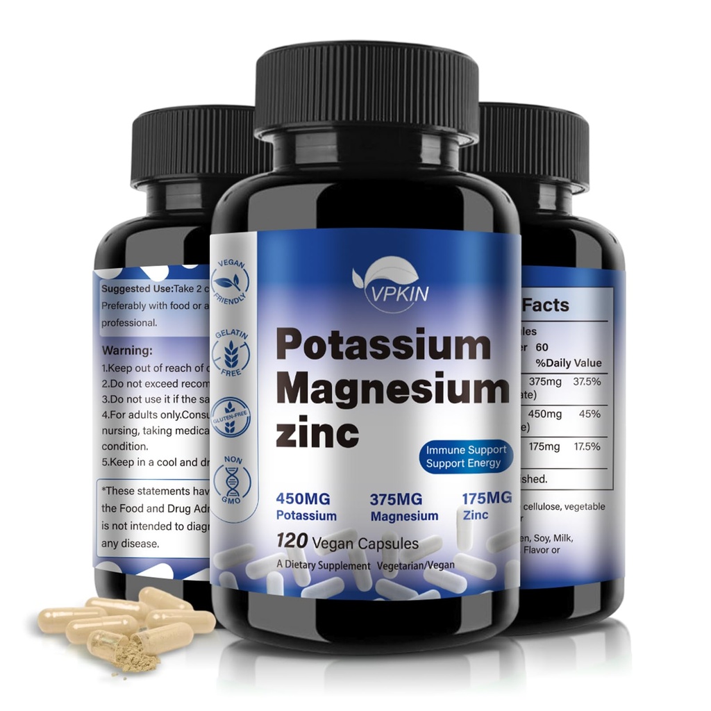Tambahan Potasium Magnesium 1000mg, Magnesium Potasium Zinc Aspartate Dukungan Vaskular, Bone, Heart, Muscle & Nerve Health, Non-GMO, Vegan, (120 Capsules)