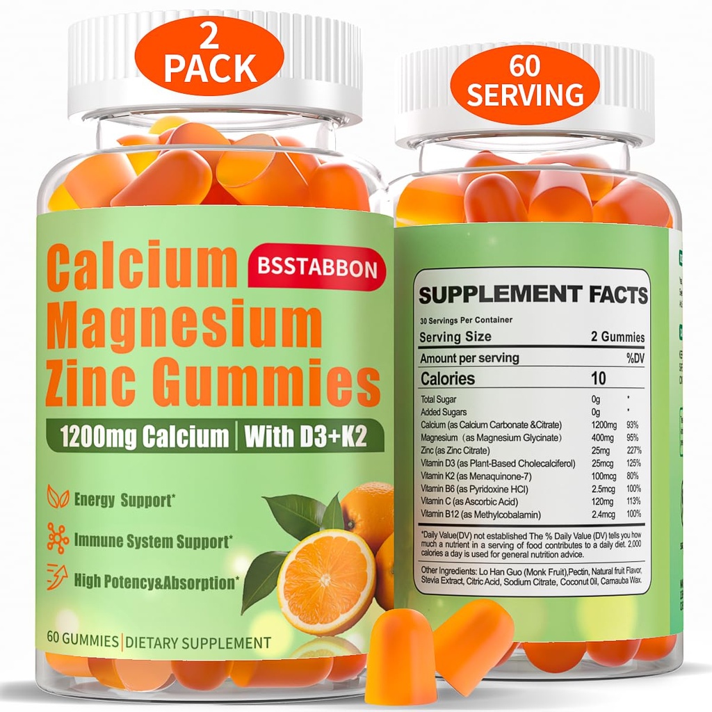 Kalsium Magnesium Zinc Gummies for Adult: 1200mg Calcium Citrate 400mg Magnesium Glycinate with D3 B12 - Sugar Free High Absorpsi Supplemen Wanita (60 Count (Paket 2)