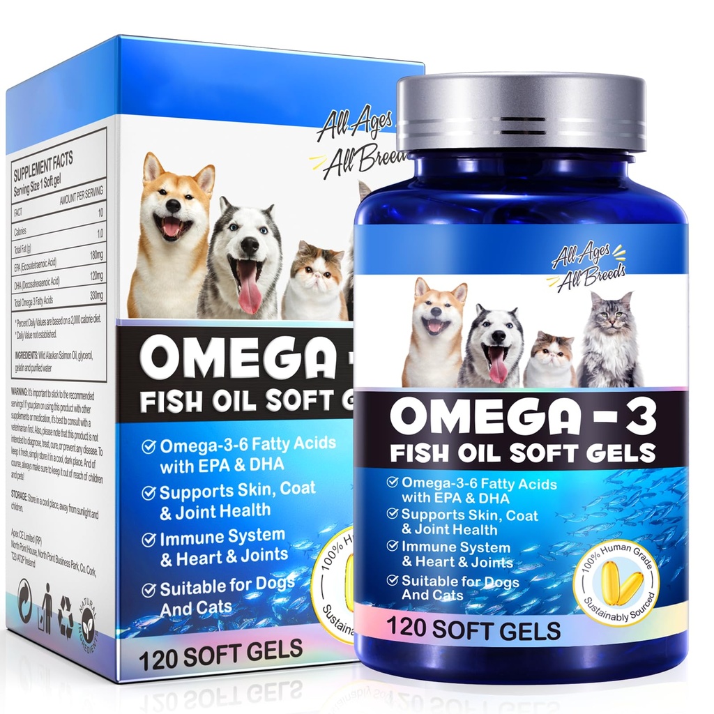 Omega-3 Minyak Ikan untuk Anjing, Omega 3 Minyak Ikan dengan EPA & DHA Suppport Dogs Seasonies Relief, Boosts Immune Fungsi, Itch Skin Relief & Propince Coat Health, Pet Supplemen - 120 Soft Gels