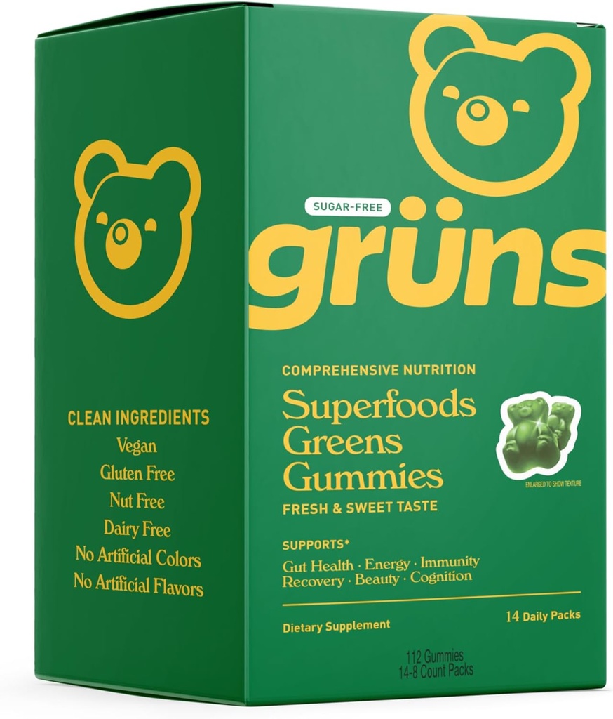 Gruns Sugar Free Super Greens Gummy - Organic Spirulina dan Chlorella, Pregories for Digetical Health, 20 + Vitamin dan Mineral, Adaptogens - 14 sachets - 112 Gummies